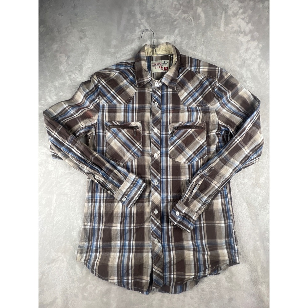 JNCO Crown Brand Mens Plaid Western Button Down Shirt Brown Blue Small RN139038